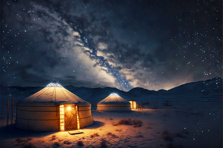 night camp with yurts against backdrop of starry skyの写真素材