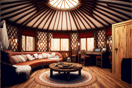 traditional luxurious interior of yurt with wooden details and furnitureの写真素材