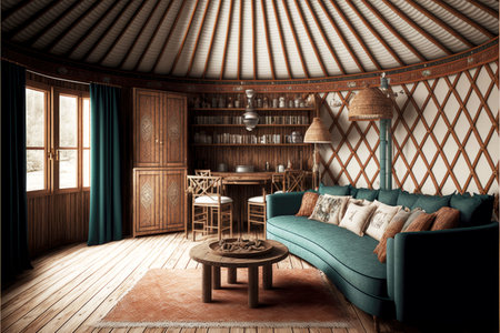 traditional luxurious interior of yurt with wooden details and furnitureの写真素材