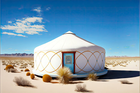 e round house yurt in desert against blue skyの写真素材