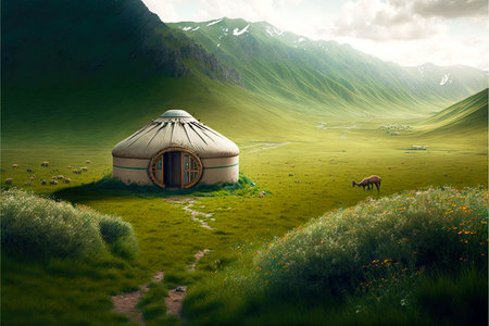 nomadic yurt among green hills and mountainsの写真素材