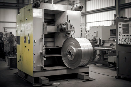 processing of metal sheets and coils on machine in workshop of aluminum industry, generative aiの写真素材