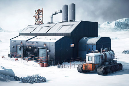 equipment and workshop of aluminum industry on snow-covered field, generative ai
