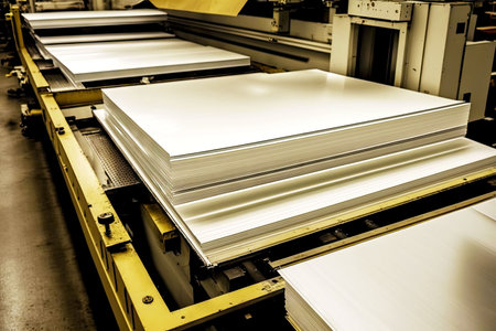 flat sheets on conveyor to be rolling in aluminum industry, generative ai