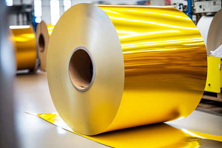 bright yellow colored rolls of aluminum foil in stock at factory of aluminum industry, generative aiの写真素材