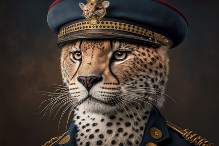 portrait of cheetah dressed as a sea captain at the helm, generative aiの写真素材