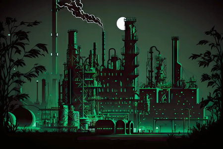 chemical factory in night work, industry landscape, generative aiの写真素材