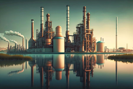 beautiful modern petrochemical industry factory with tanks, pipes and chimneys standing on reservoir of water, generative aiの写真素材