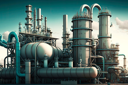 chemical industry factory panorama with pipes, tanks and pipelines, generative ai