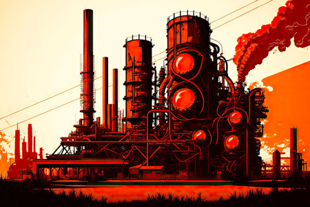 image of chemical factory, industry area on red background, generative aiの写真素材