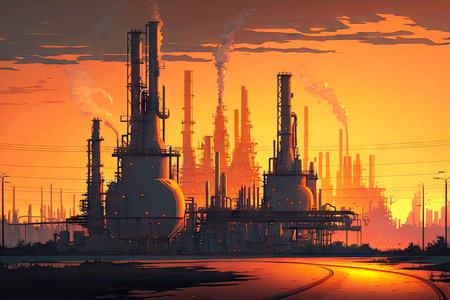 oil industry chemical factory in sunset, heavy industry townscape, generative ai