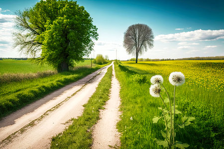 narrow road in spring greenery with dandelion with seeds, generative ai