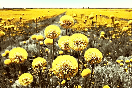 dense yellow field of dandelion with seeds in nature, generative ai
