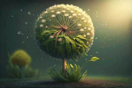 large dandelion with seeds and stem surrounded by greenery, generative aiの写真素材