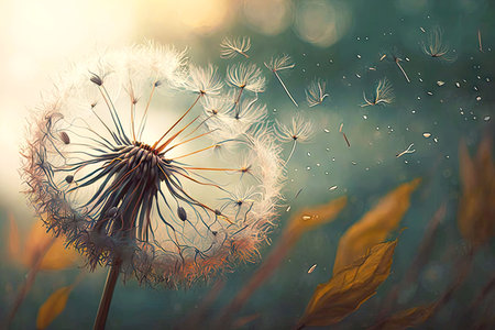 autumn dandelion with seeds flying in gentle breeze, generative aiの写真素材