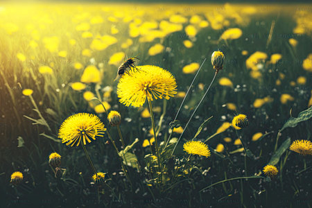 summer meadow full of bright golden yellow dandelion with seeds in nature, generative ai