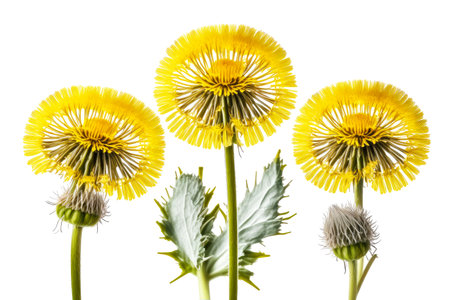 white background with yellow dandelion flowers for ecology and agriculture, generative aiの写真素材