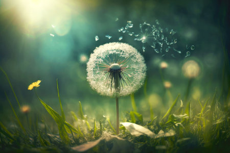 dandelion with seeds floating on thin air in sunny summer glade, generative aiの写真素材