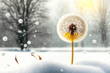 dandelion with seeds in nature blooming in spring on meadow against backdrop of snow-covered trees, generative aiの写真素材