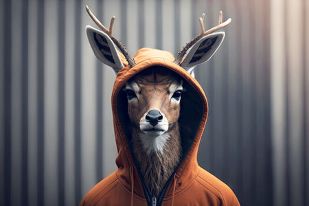 portrait of deer in sportswear and a hood, generative aiの写真素材