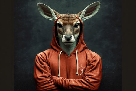 portrait of deer in a tracksuit and boxing gloves around his neck, generative aiの写真素材