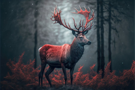 red deer in forest on gray black blurry background, generative aiの写真素材