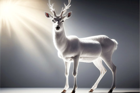 white deer looks at the spring sun on gray background, generative aiの写真素材
