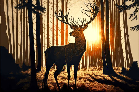 wild forest deer looks at the spring sun between trees, generative aiの写真素材