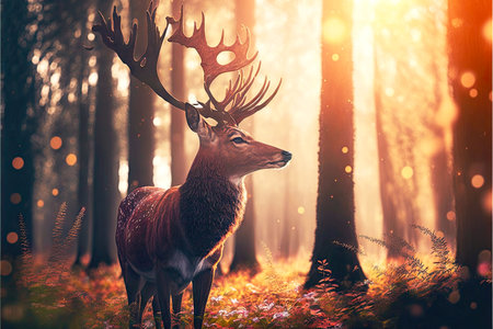 beautiful wild deer looks at the spring sun in forest glade, generative aiの写真素材