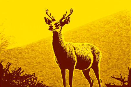 attentive deer looks at the spring sun on yellow background, generative aiの写真素材