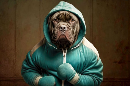 portrait of dog in a tracksuit and boxing gloves around his neck, generative aiの写真素材