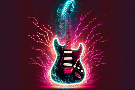 vintage electric guitar with neon lights in form of lightning and rays, generative aiの写真素材