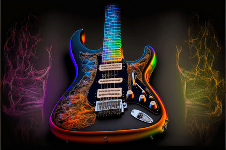 electric guitar on black background with rack of effects and lighting, generative ai