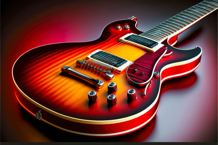 excellent beautiful electric guitar with red sunburst finish and strings, generative ai