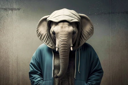 portrait of elephant in sportswear and a hood, generative ai