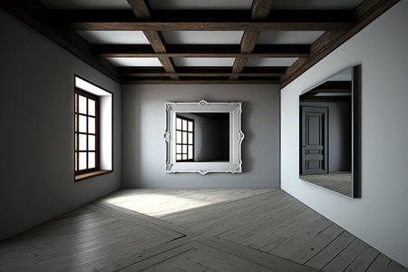 empty room with large grey mirror in center and wooden ceiling, generative ai