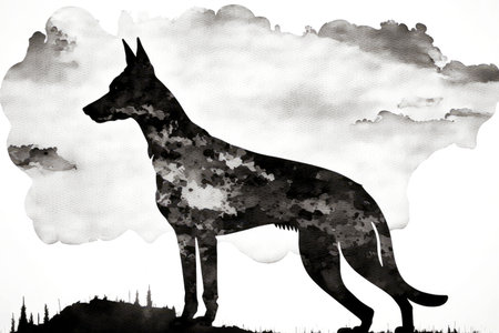 black grey doberman pinscher in silhouette against background of white clouds, generative ai