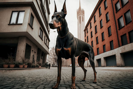 active adult doberman pinscher stands on sidewalk against background of urban building, generative aiの写真素材