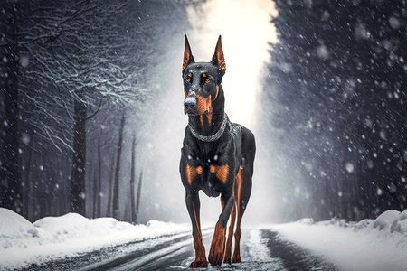 doberman pinscher walking along snow-covered road against backdrop of falling snowflakes, generative...