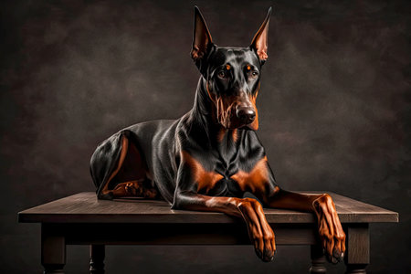 beautiful red black doberman pinscher on dark background with paw on table, generative aiの写真素材