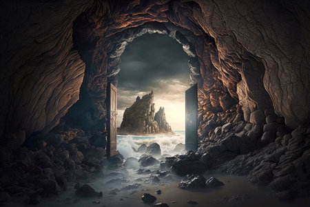 dark entrance to cave among rocks door to heaven, generative aiの写真素材