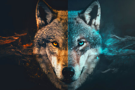 double exposure of wolf and scary animal face with glowing eyes, generative ai