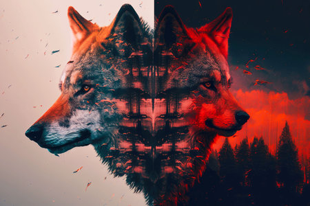 two double exposure of wolf in red tones, generative ai