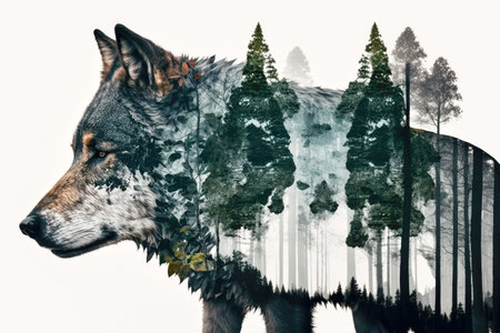 grey wild animal double exposure of wolf and trees framing forest, generative ai
