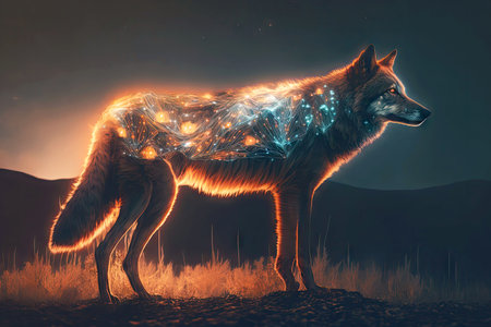 double exposure of wolf and black animal with glowing eyes, generative aiの写真素材