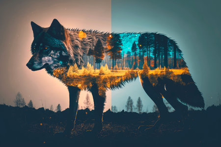 double exposure of wolf and black animal with glowing eyes, generative ai