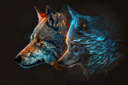 double exposure of wolf and animal head on blue black background, generative ai