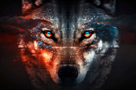 double exposure of wolf and red glowing eyes, generative ai