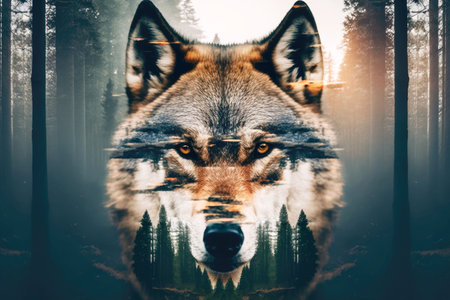 double exposure of wolf face in forest on blurred background, generative aiの写真素材
