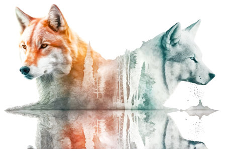 double exposure of wolf and white cat cute animals isolated on white background, generative aiの写真素材